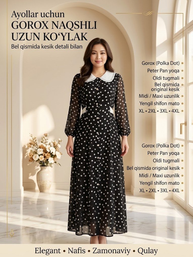 Ayollar uchun uzun ko'ylak — gorox naqshli, bel qismida kesik detali bilan   b5q86d  17782