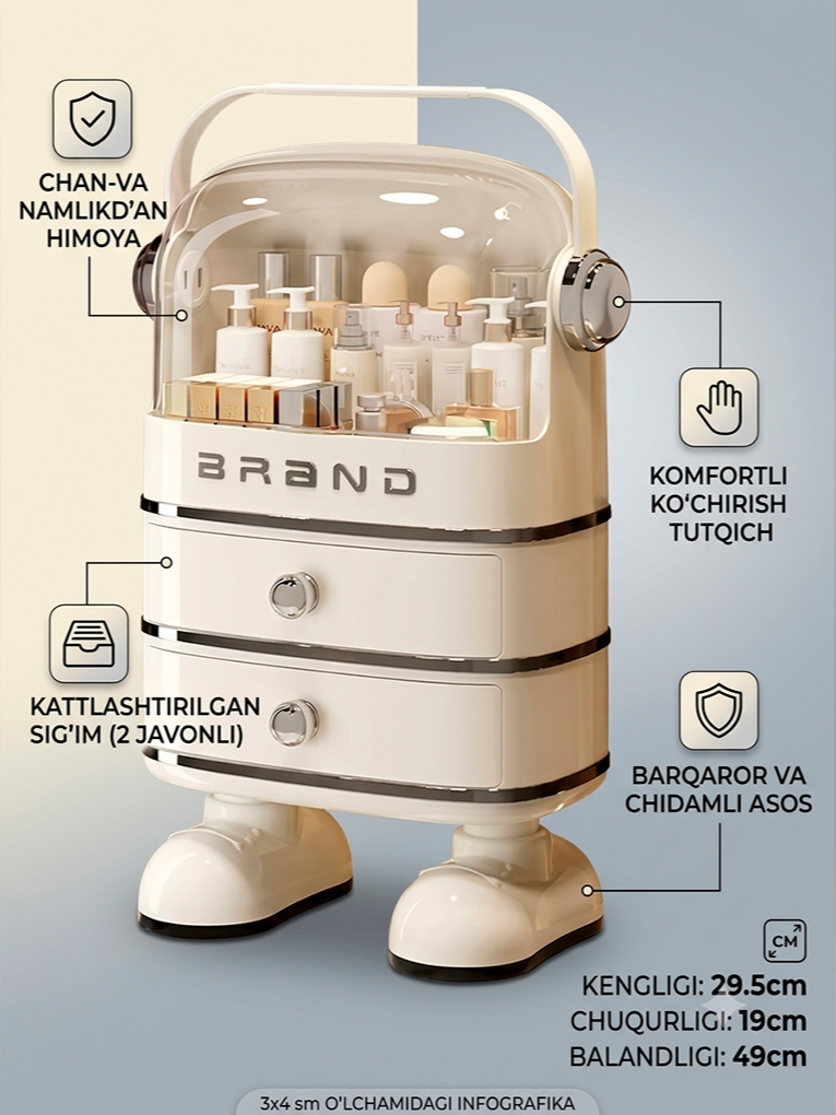 Kosmetika va parvarish vositalari uchun robot shaklidagi baland organayzer — Shaffof kupol va 2 ta tortmali (49 × 29.5 × 19 cm)  18439   c.2q.23d