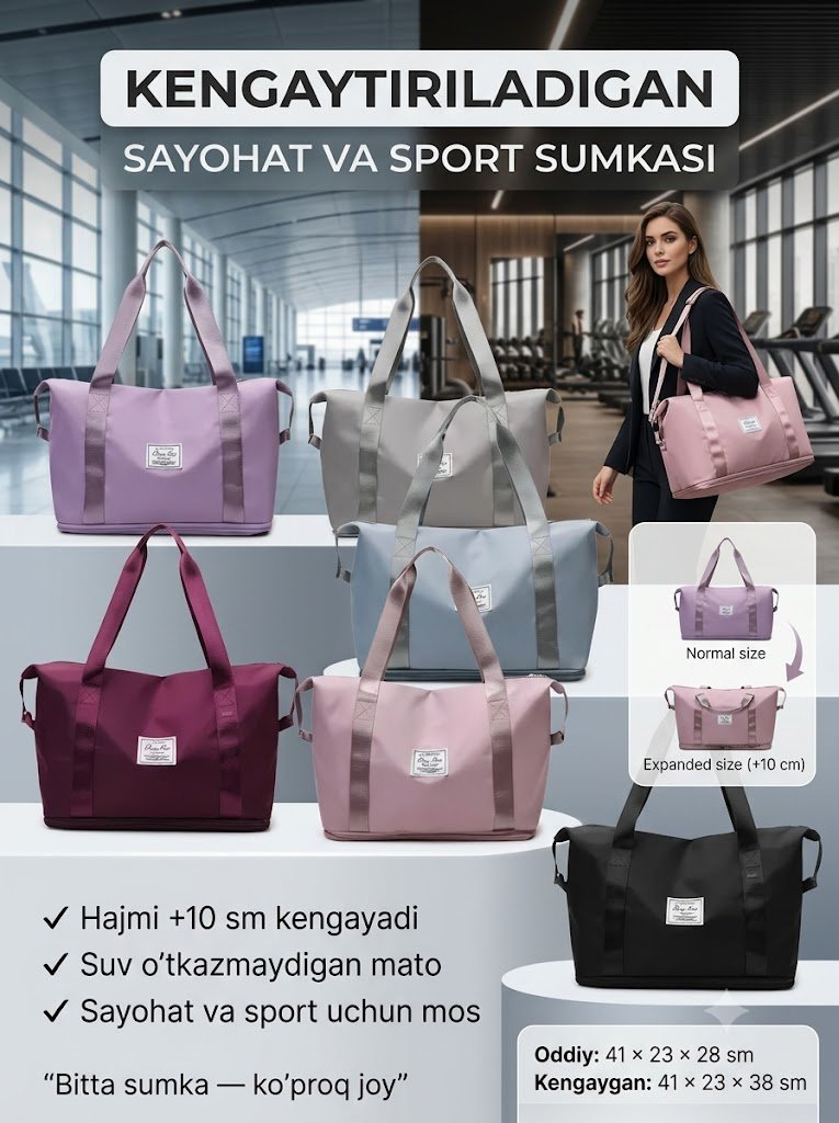 Kengaytiriladigan Sayohat va Sport Sumkasi — 10 sm gacha Hajmi Oshadigan    b2b3q230d   16734