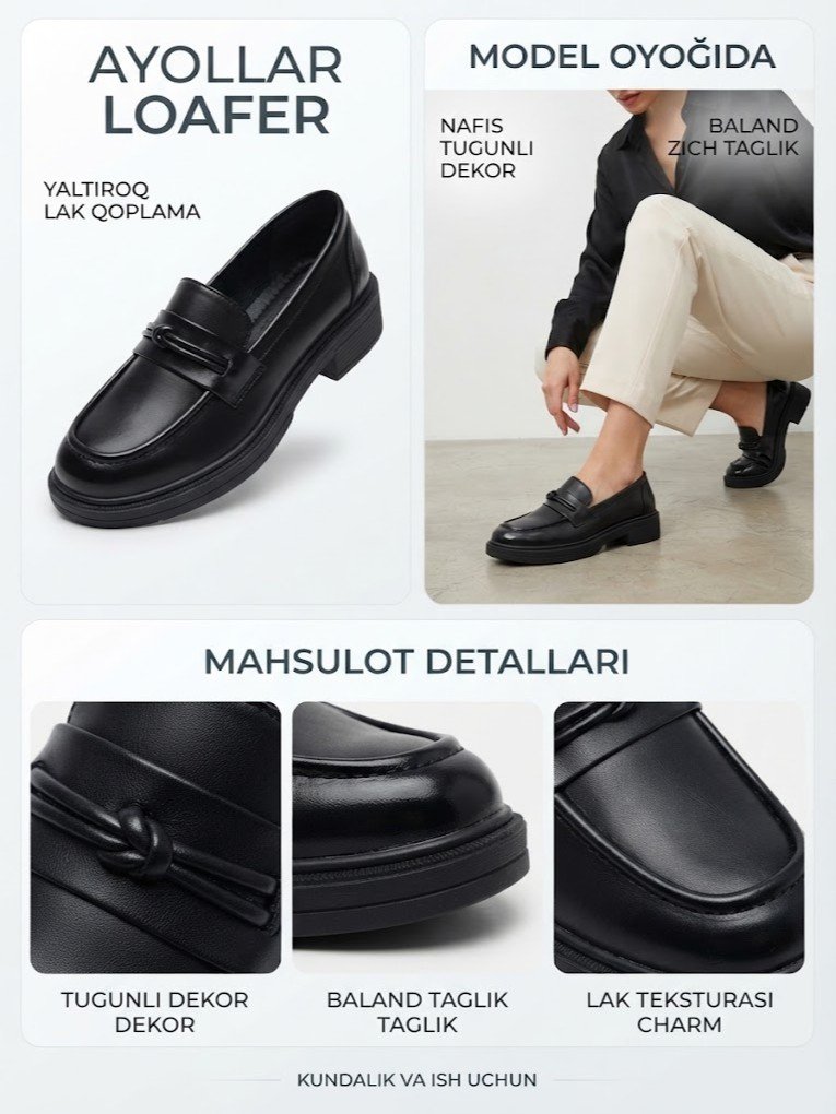 YOUMA ayollar loafer tuflisi — matoviy teri, tugun bezakli, baland taglikli  19737