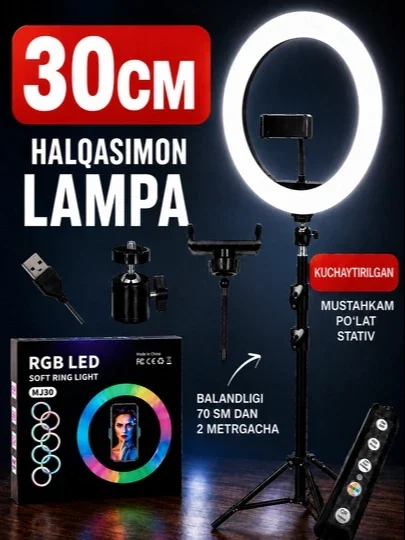 MJ-30 RGB Ring Light 30 sm Halqasimon Lampa, Shtativ va Telefon Ushlagich bilan