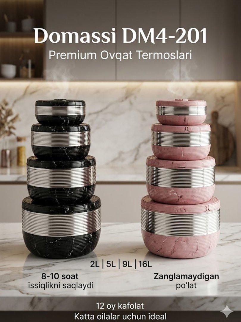 Domassi Ovqat Termoslari To‘plami (4 dona) | 2L, 5L, 9L, 16L | Zanglamaydigan po‘lat | 12 oy kafolat 14340