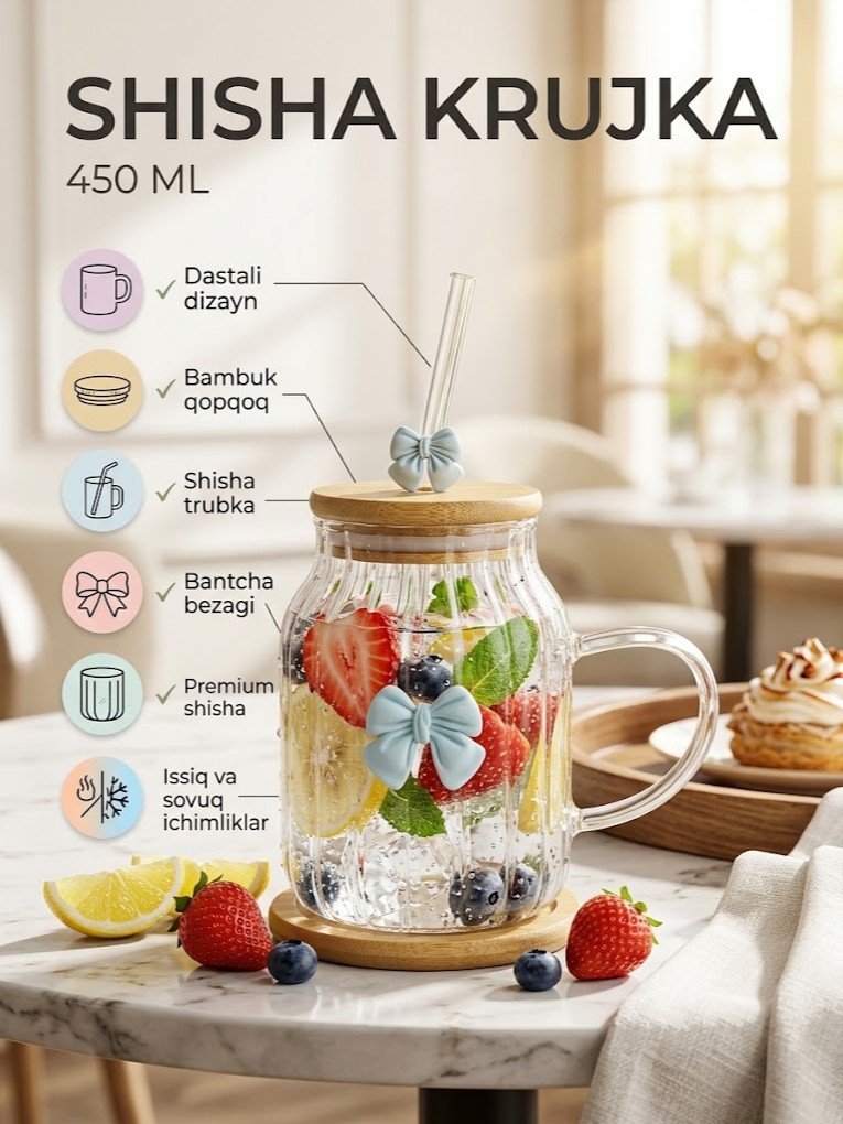 Shisha stakan (kружка) — bantcha dizaynli, dastali, bambuk qopqoq va trubkali, 450 ml  c1q707d  17563