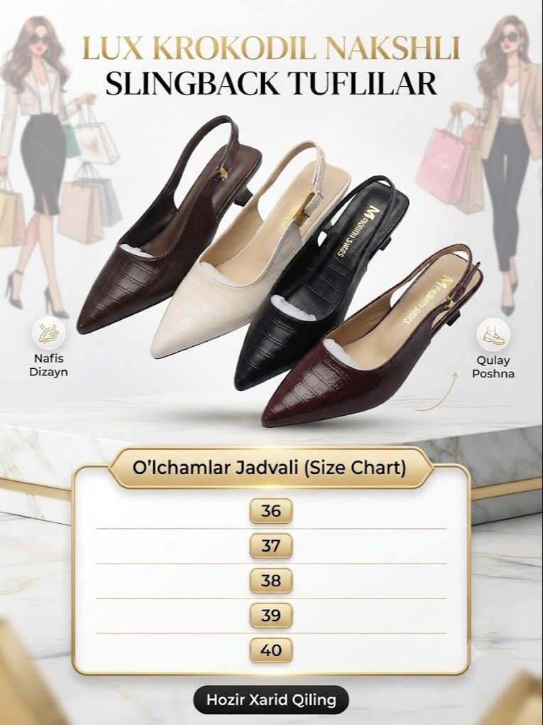 Lux Krokodil Nakshli Ayollar Slingback Tuflilari — Nafosat va qulaylik uyg‘unligi (36-40 o‘lchamlar)  17285