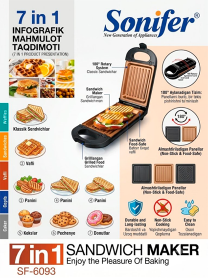 Sonifer SF-6093 7 tasi 1 da Aylanadigan Sendvich pishirgich va Elektr gril – 180° aylanish tizimi, yopishmaydigan qoplamali panellar   17137