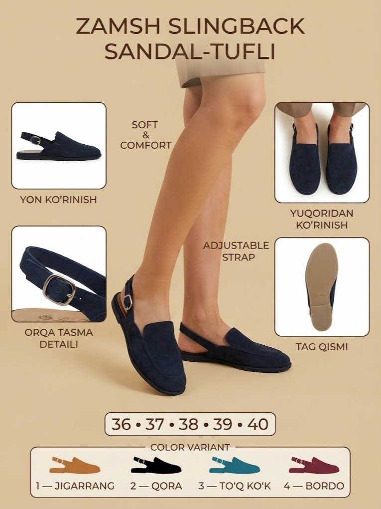 Ayollar zamsh (замша) sandal-tufli — orqa tasmali, "Loro Piana" uslubida