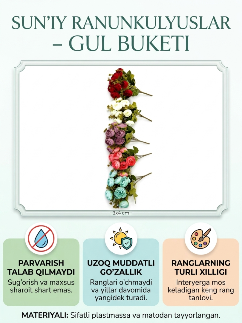 Dekorativ sun'iy mini piyon (ranunkulyus) guldastasi — kusto-roza gunchalari va ko'katlar bilan bezatilgan turli rangli interyer hamda vaza guldastasi  18574  o.p.15Pd