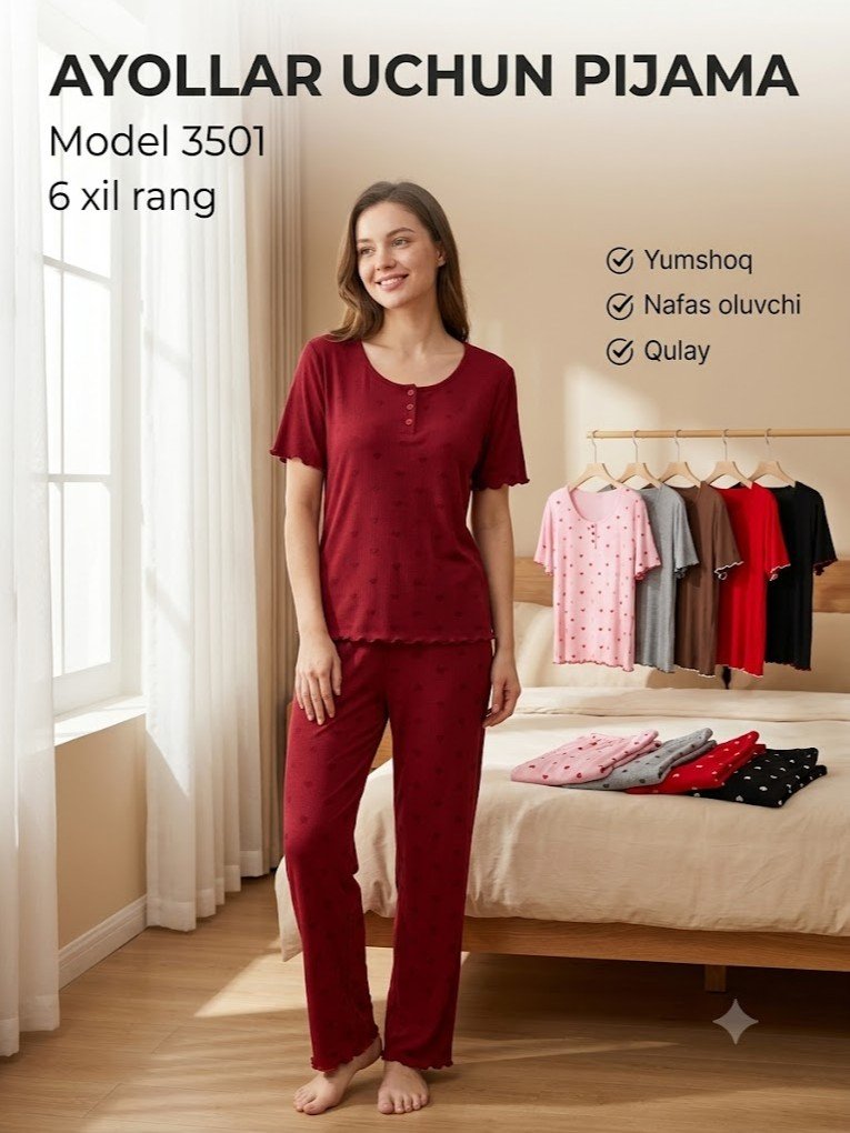 Ayollar uchun uy kiyimi to'plami (pijama), model 3501 — "2x2 spiral" (2x2螺纹) lapsha trikotaj, futbolka va shim    a3q17d   17852