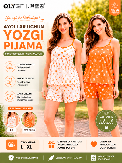 Ayollar uchun yurakcha naqshli pijama komplekti — uy kiyimi, rib mato, ingichka tasmali  b205d  16408