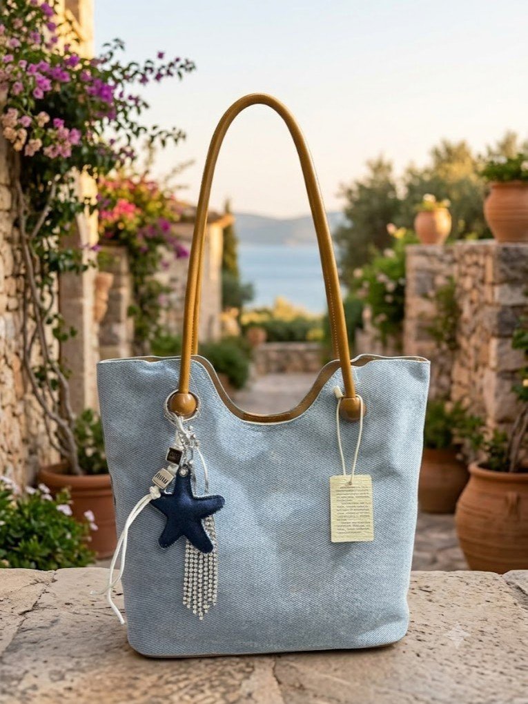 Ayollar uchun Zamonaviy Djinssi Sumka (Tote Bag) – Yulduzli Aksessuar va Teri Dastakli  18494   ac.1e.f10d