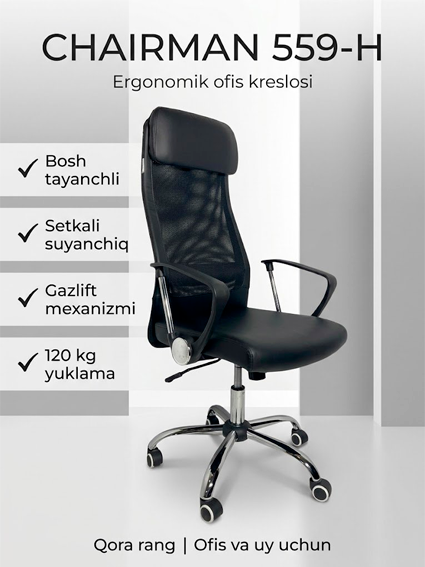 Ofis kreslosi CHAIRMAN 559-H Black, ergonomik, setkali suyanchiq, bosh tayanchli  14675
