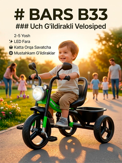 Bolalar Uch G'ildirakli Velosipedi — BARS B33 | Yashil-Qora | Farali | Orqa Savatchali | 2-5 Yosh  14604