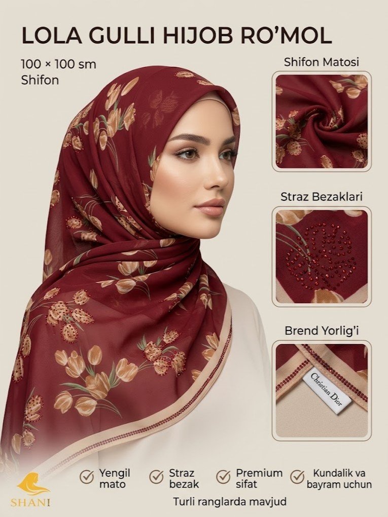 Lola gulli, toshli hijob ro'mol - Shifon, 100x100 sm  adq9d  17371