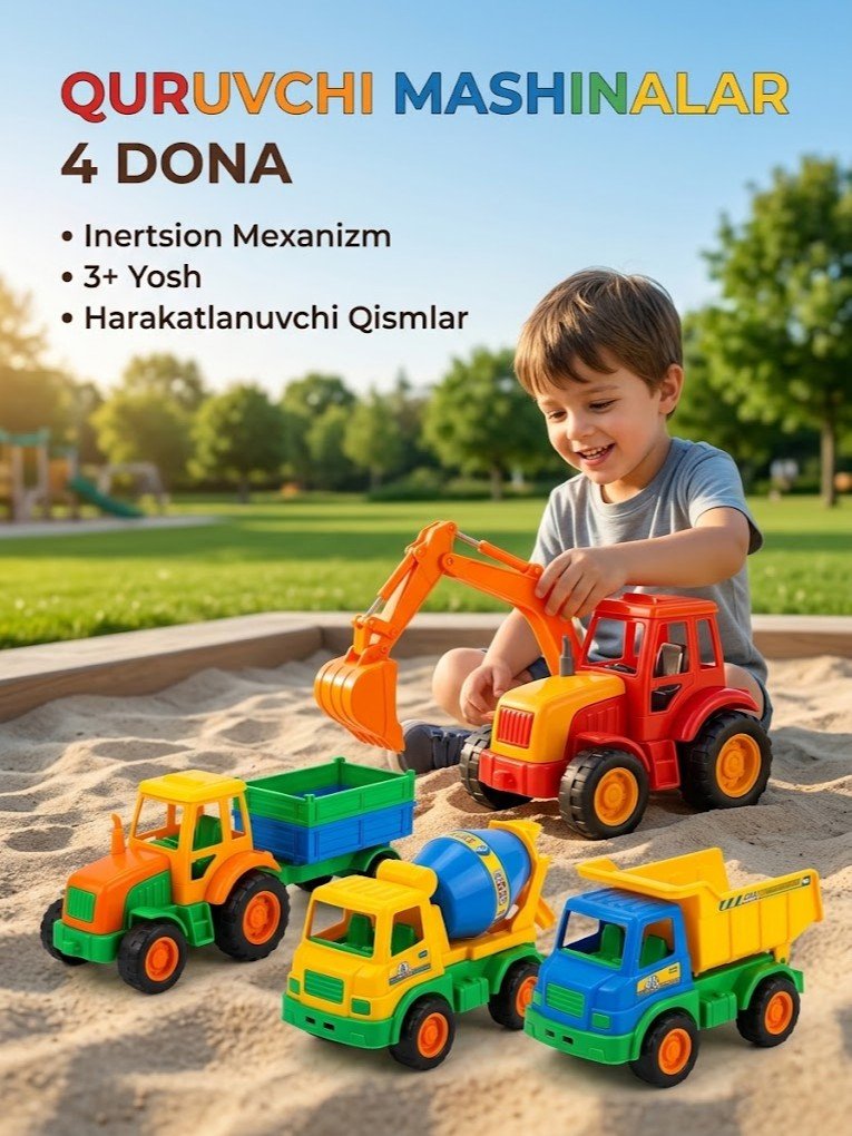 Bolalar uchun quruvchi mashinalar to'plami — inertsion mexanizmli, 4 dona   g103d   17810