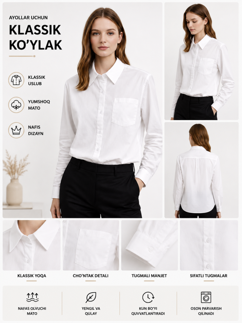 Ayollar uchun oq rangli klassik ko'ylak (cho'ntakli)  b7q97d   19549