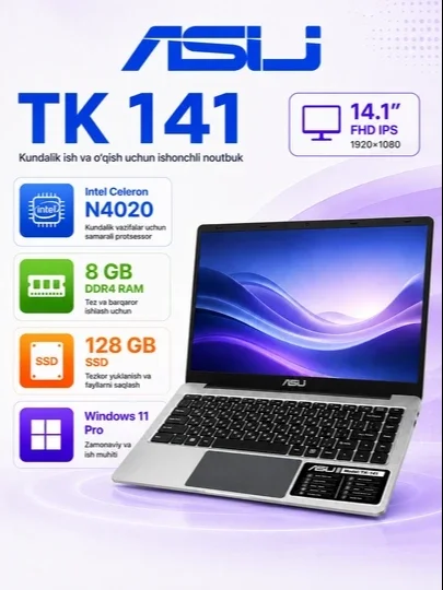 Noutbuk TK 141 ASIJ 14.1″ FHD IPS, Intel N4020, 8/128 GB SSD, Windows 11 Pro
