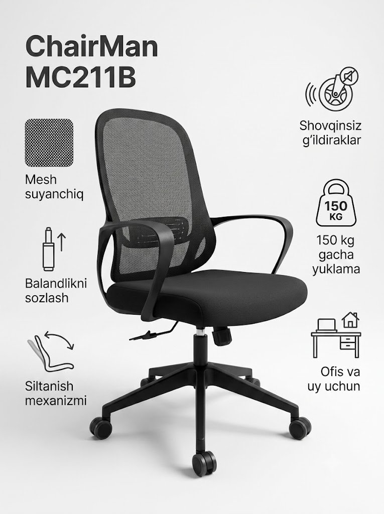 ChairMan MC211B — Ofis kreslo, To'r suyanchiq, G'ildiraklar, Siltanish mexanizmi, Qora   14646
