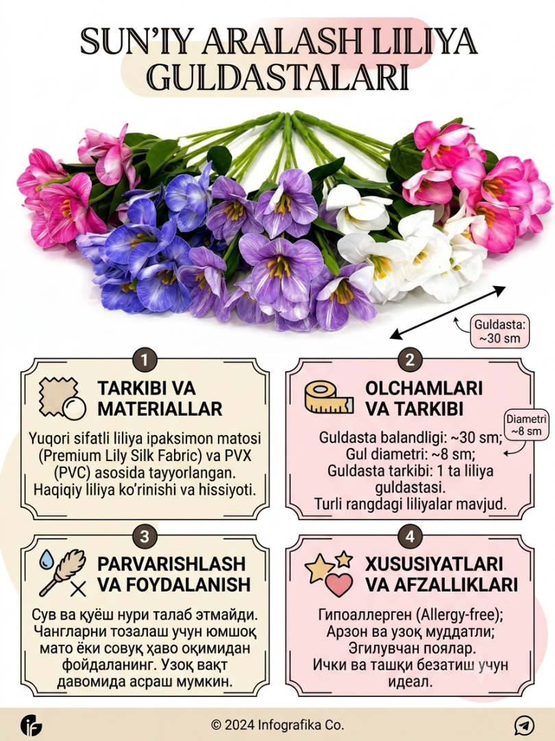 Dekorativ sun'iy krokus (freziya) guldastasi — nafis bahoriy dalagullari va ko'katlar bilan bezatilgan turli rangli interyer hamda vaza guldastasi  18589  o.p.15Pd