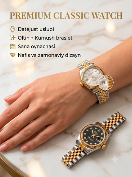 Rolex Datejust uslubidagi soat — qora va oq tsiferblat, kombinatsiyalangan braslet, sana oynachali  of14d 14867