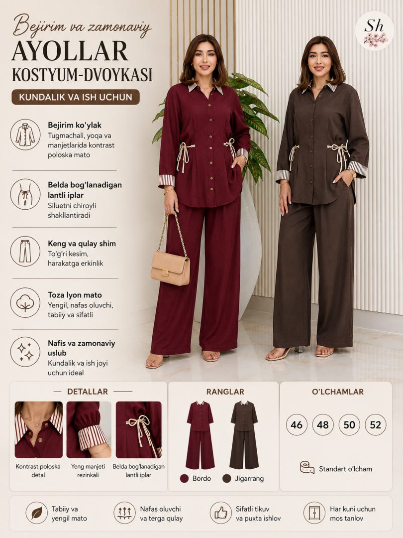 Zamonaviy ayollar dvoykasi — Kontrastli yoqali koʻylak va keng shim  b3b7q529d   18251
