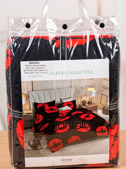 Dantele Sleep Collective — lab izi (bo'sa) naqshli yotoqxona to'plami, qora-qizil rangda, jasur va shahvoniy dizayn   a3b5aq13d  15910