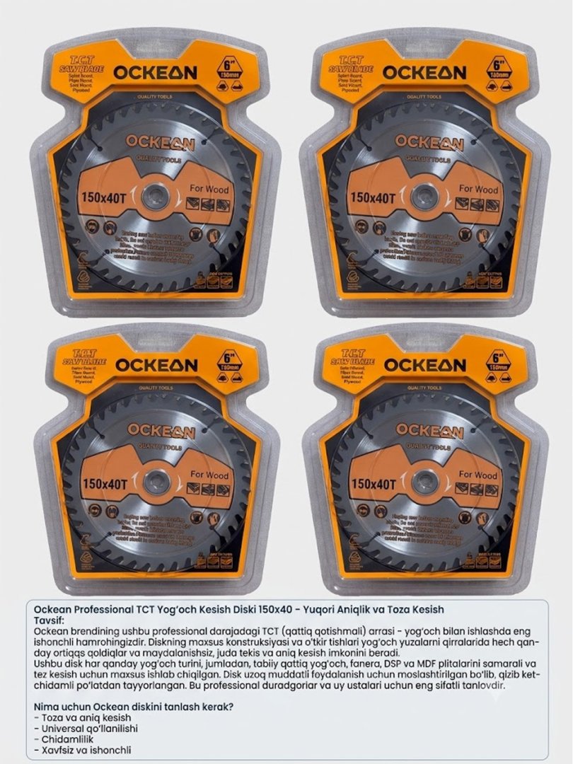 Ockean Professional TCT Yog‘och Kesish Diski 150x40 – Yuqori Aniqlik va Toza Kesish   15218