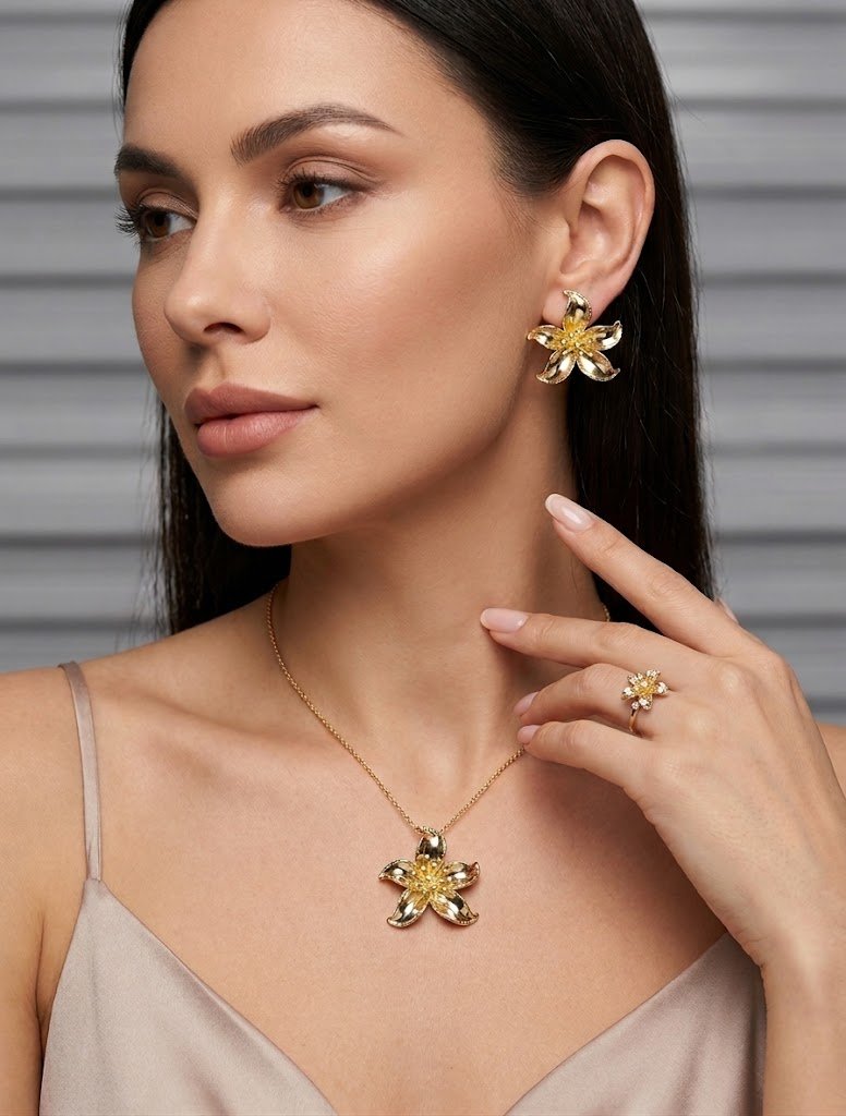 "BOB J Jewelry" zargarlik to'plami: sirg'a, broshka va uzuk "Zambak guli"  aaq26d  16094
