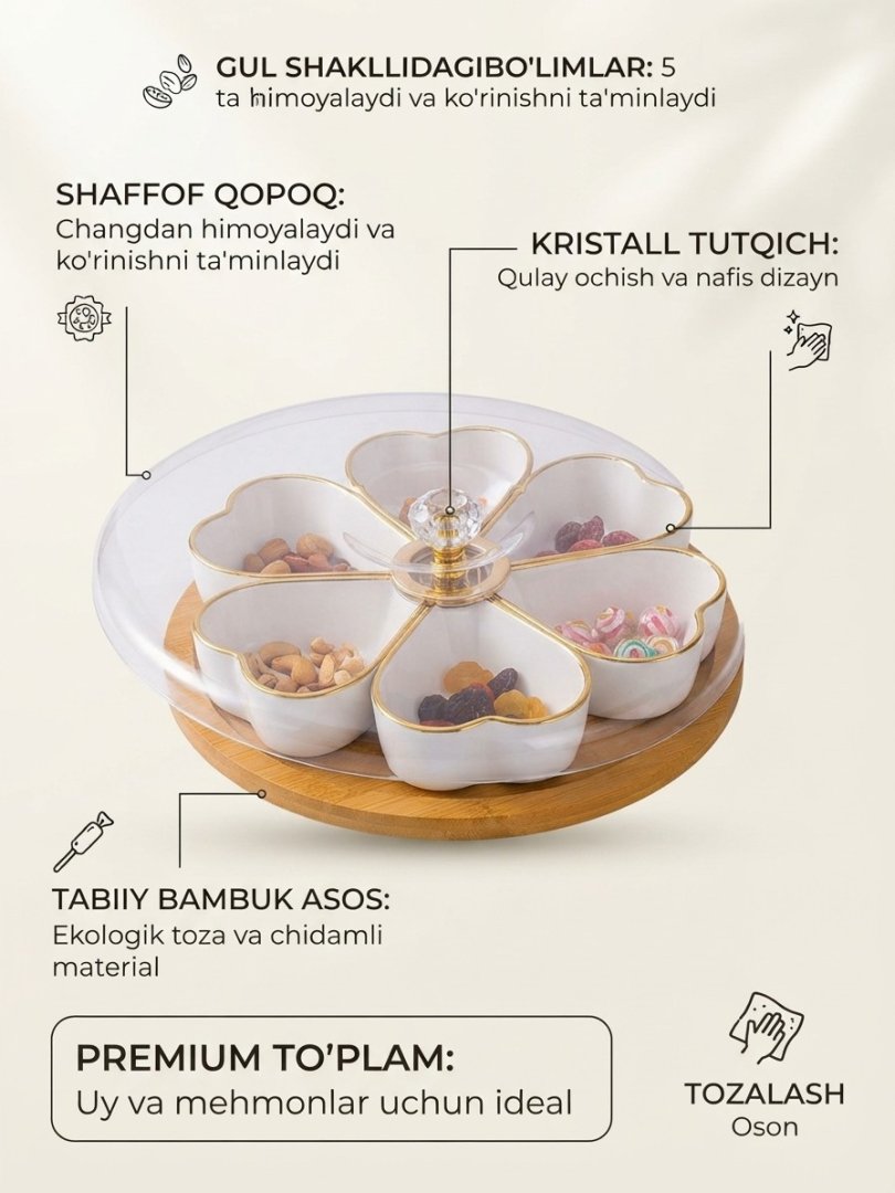 Aylanadigan bambuk taglikli, shaffof qopqoqli farfor menajeshka (4 bo'limli barg/yurak shaklidagi idish)  19560  c.2q.23d