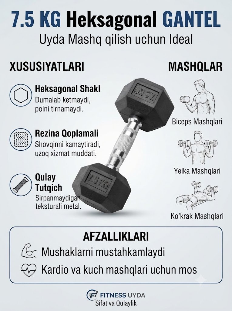 Heksagonal Gantel 7.5 kg – Professional Sport Inventari (Uy va Zal uchun)   16966