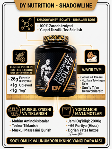 DY Nutrition Shadowwhey Isolate 2000g (2 kg) — Cookies & Cream ta'mli, 100% sof premium zardob oqsili izolyati (85% toza oqsil)!   17436