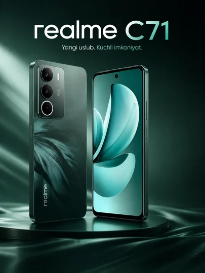 Realme C71 8GB + 256GB Green — katta xotira, zamonaviy dizayn va uzoq ishlash muddatiga ega batareya bilan jihozlangan smartfon  16269
