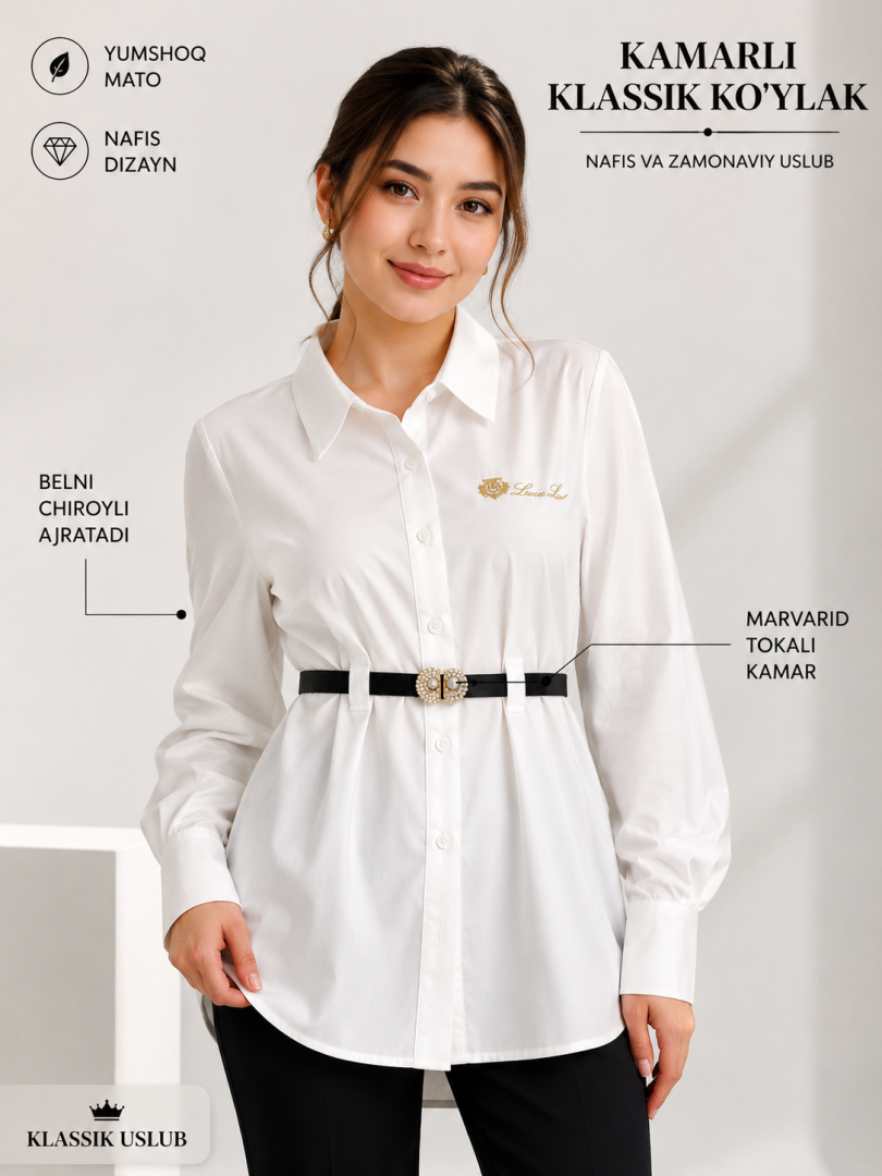 Kamar bilan to'plangan klassik oq ko'ylak  b2b6q372d   18157