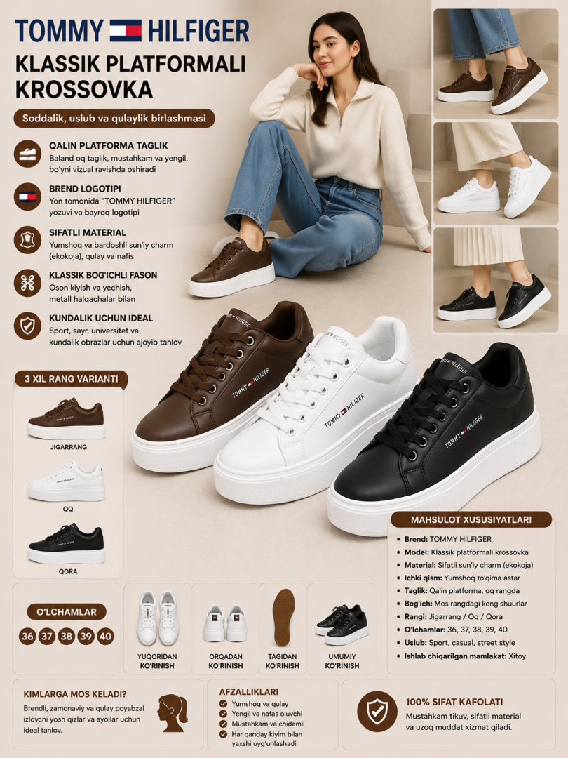 TOMMY HILFIGER brendidagi, qalin oq platforma taglikli, bog'ichli klassik unisex krossovka  18738