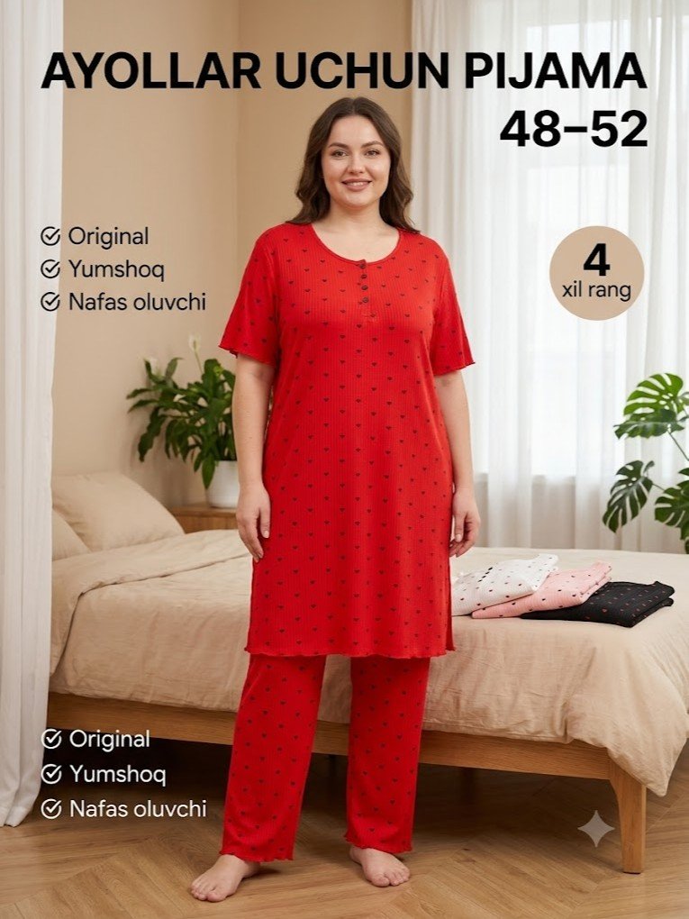 Ayollar uchun katta o'lchamli uy kiyimi to'plami (pijama) — "lapsha" original firma, keng fasonli futbolka/ko'ylak va shim    a3q17d   17863
