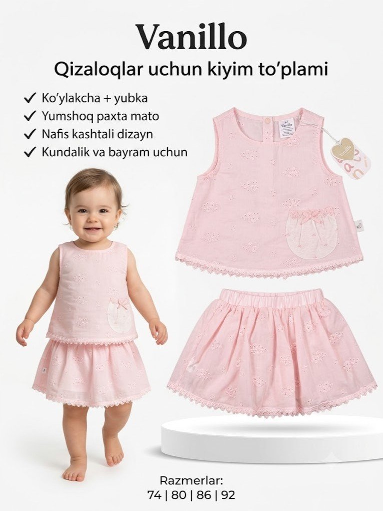 Vanillo — chaqaloq qizchalar uchun pushti rangdagi kashtali ko'ylakcha va yubka to'plami   17988
