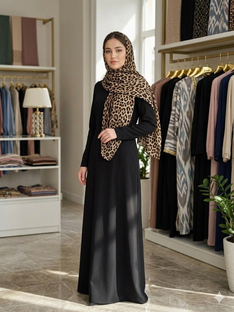 Ayollar uchun qora ko'ylak va leopard printli sharf to'plami – Belmando matosi, Klassik uslub   15750
