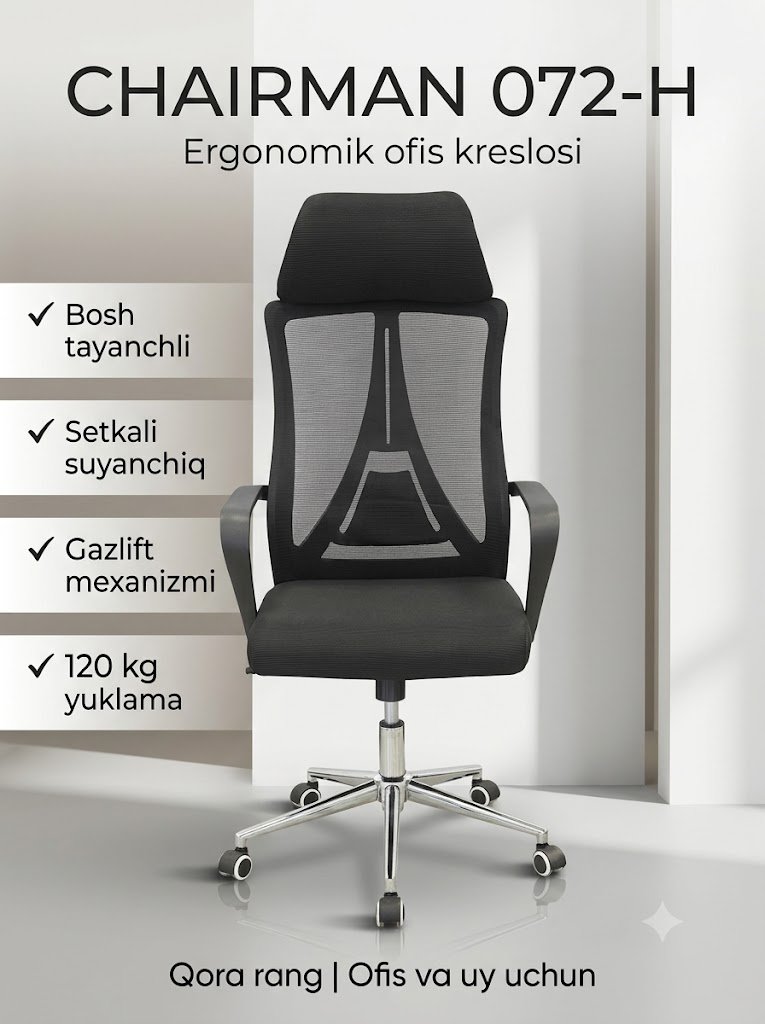 Ofis kreslosi CHAIRMAN 071-H Black, ergonomik, setkali suyanchiq, bosh tayanchli   14678