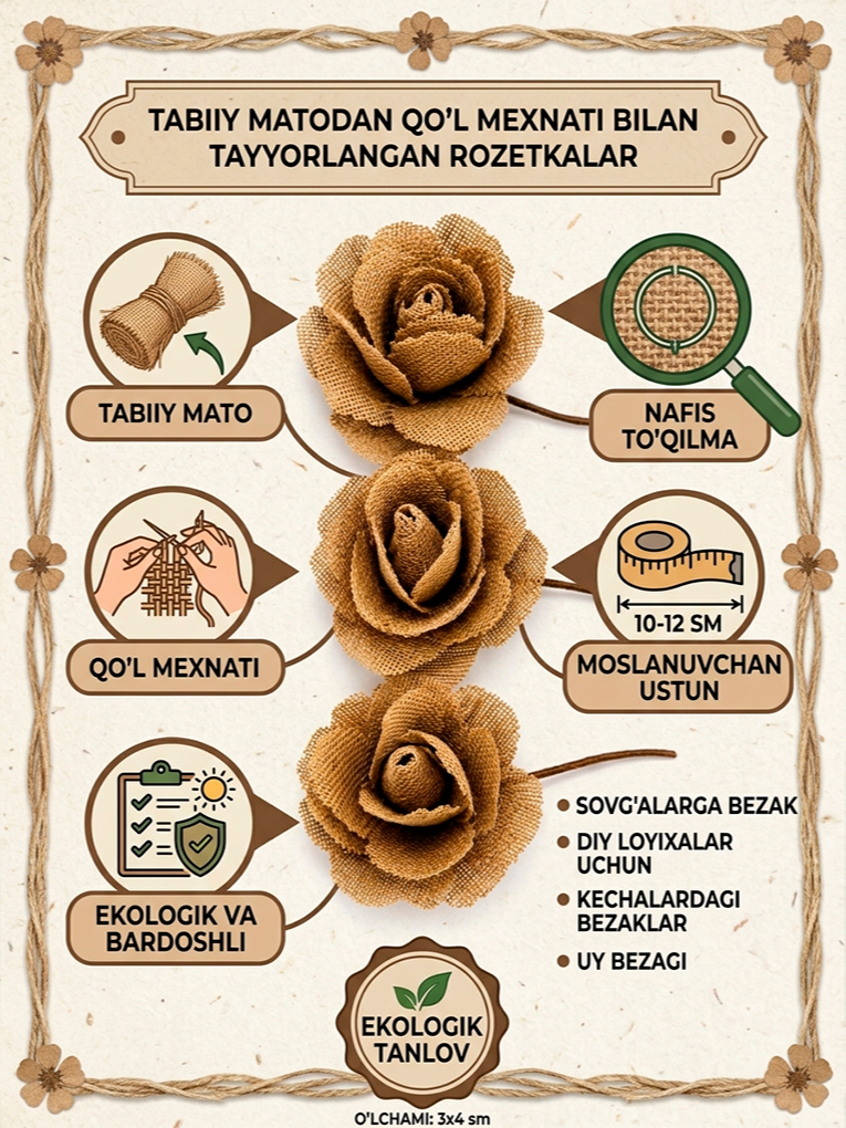 Dekorativ kanop (jut) matosidan tayyorlangan sun'iy roza gullari — hand-made craft, sovg'a va interyer bezaklari uchun mini roza to'plami  18572   o.p.15Pd