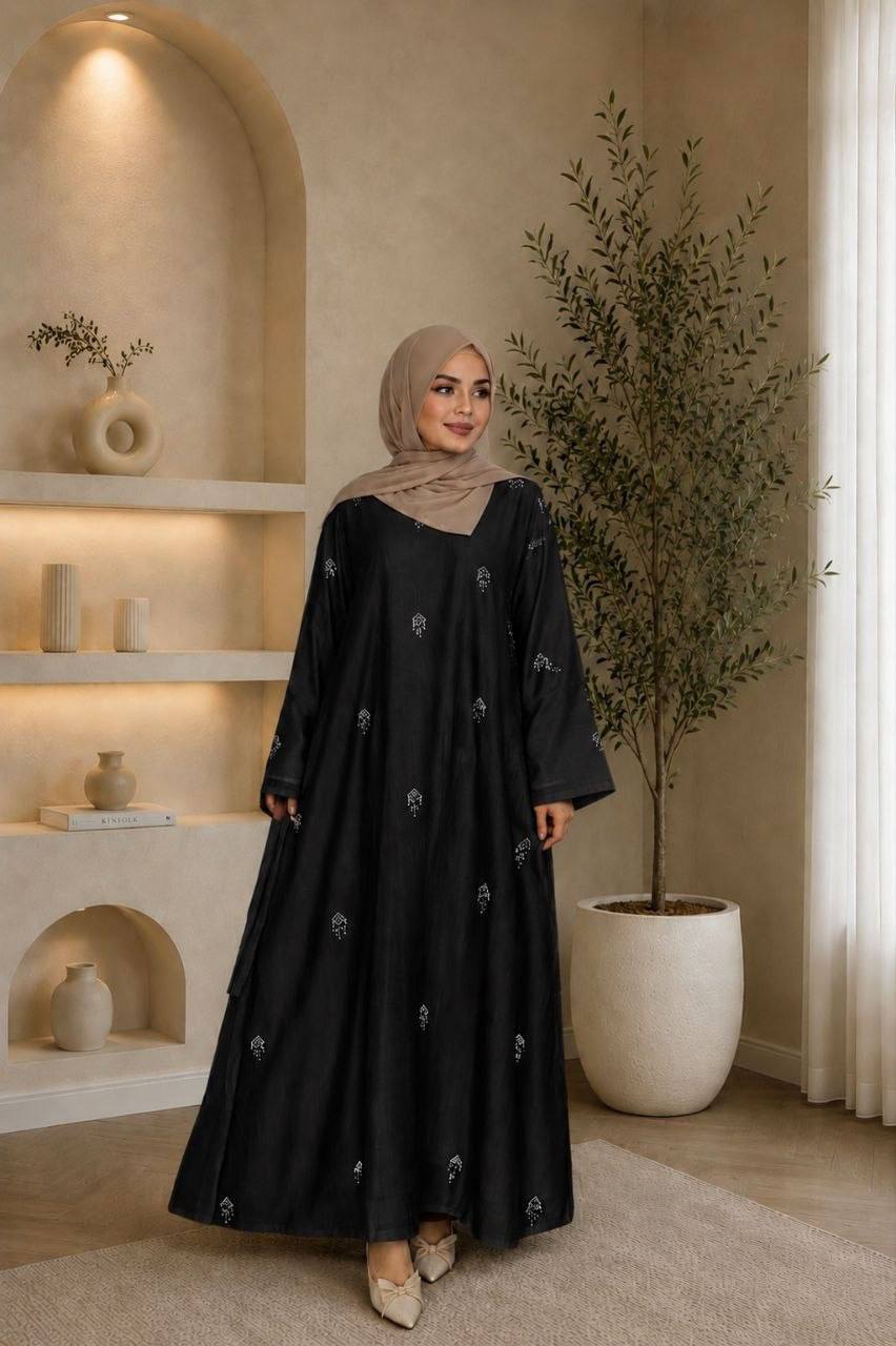 Ayollar uchun bayramona abaya uslubidagi ko‘ylak, Svarovski toshlari bilan bezatilgan premium libos   b8q550d