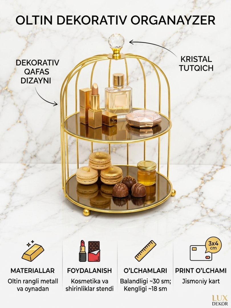 Pardoz-andoz (kosmetika), parfumeriya hamda shirinliklar uchun 2 qavatli oltin qafas-stoyanka organayzer (35x21 sm)   18603   o.p.15Pd
