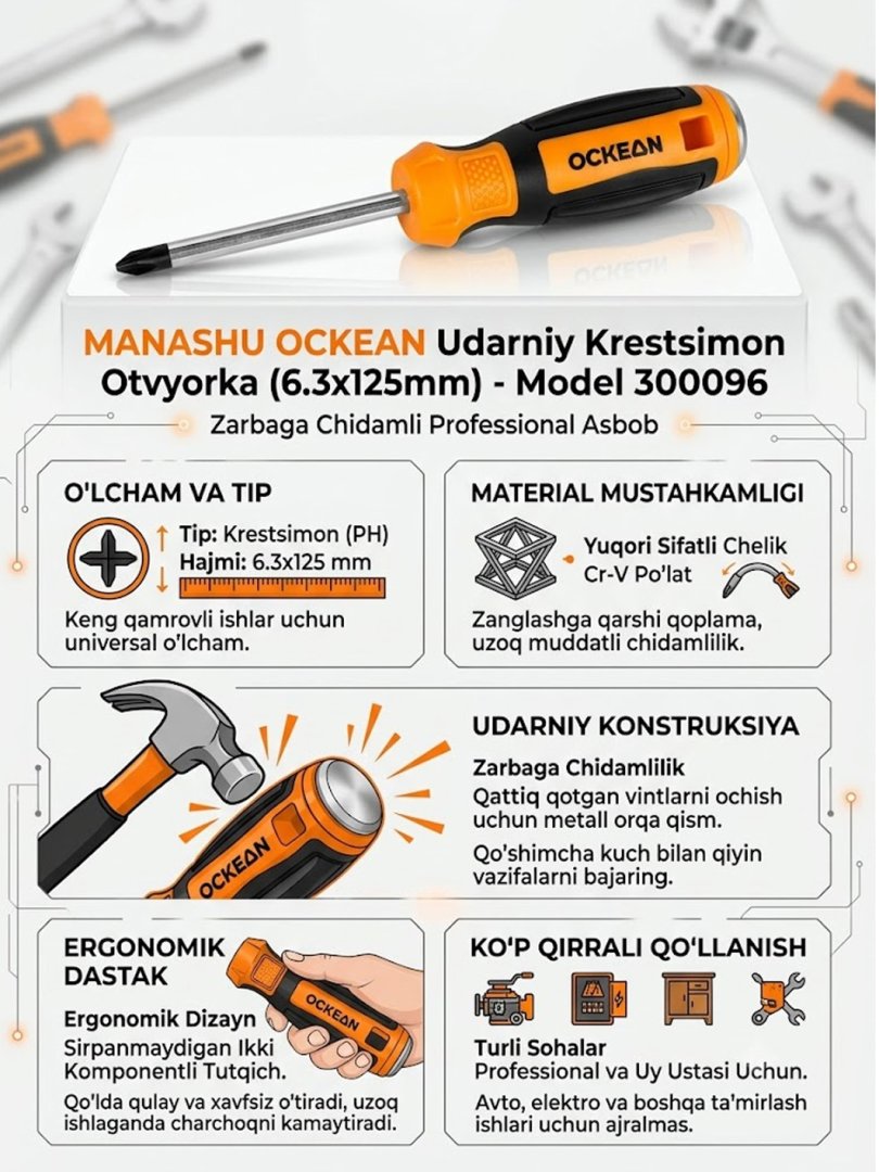 OCKEAN udarniy krestsimon otvyorka 8x250 300114 – og'ir sharoitlar uchun kuchaytirilgan asbob   15098