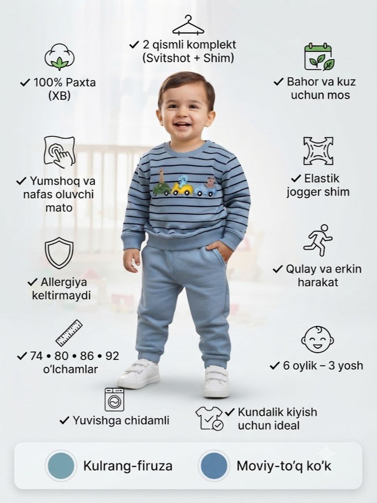 Yo'l-yo'l (poloska), rangli mashinada ketayotgan hayvonchalar applikatsiyali, 100% paxta (XB) bolalar sport kostyumi   18756