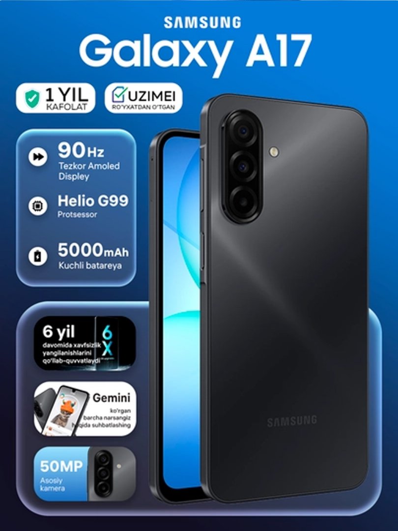 Samsung Galaxy A17 (A175) 4GB + 128GB Black — zamonaviy dizayn, yorqin Super AMOLED ekran  16252