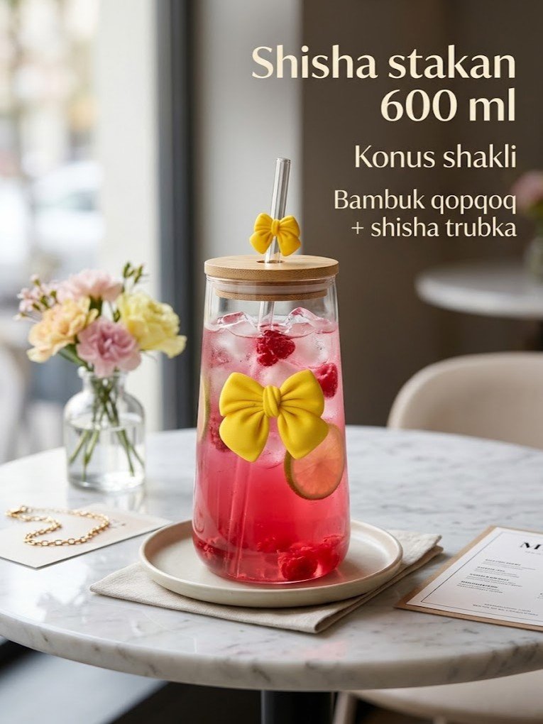 Shisha stakan — bantcha (bow) dizaynli, bambuk qopqoq va trubkali, konus shaklda, katta hajmli, 600 ml   c1q707d   17578