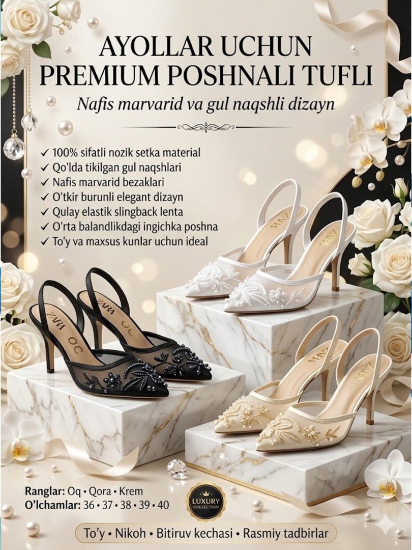 Ayollar poshnali tufli | Marvarid va gul naqshli setka | Slingback | Oq, Qora, Krem | 36-40 o'lcham  b2q3b703/6d 14517