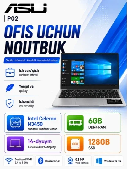 Noutbuk ASIJ P02 14″ IPS, Intel Celeron N3450, 6GB DDR4, 128GB SSD, Windows 10 Pro, ofis