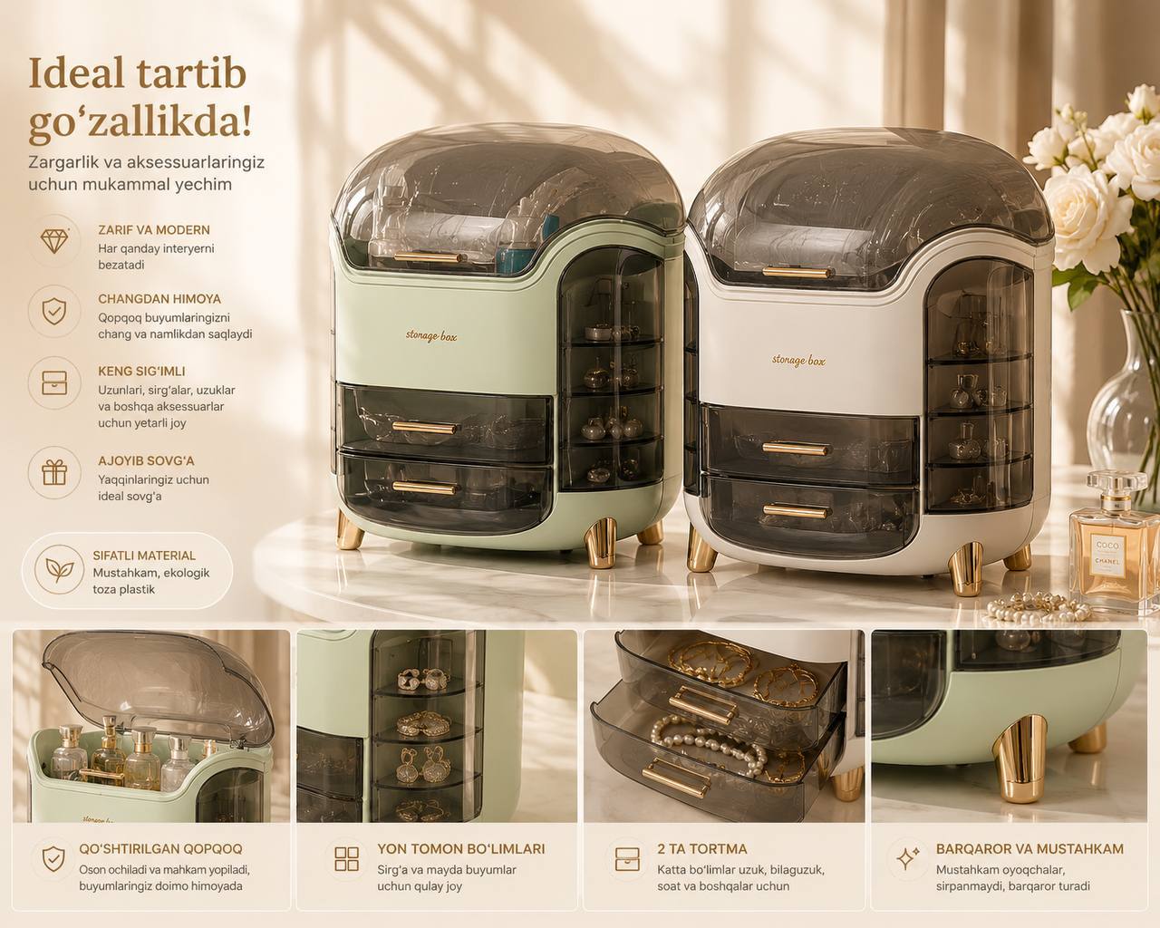 Premium kosmetika va zargarlik organayzeri — Storage Box, yon tarafida sirg'alar bo'limi va 2 ta tortma bilan (30x16x40 sm)   19491  o.p.p15p