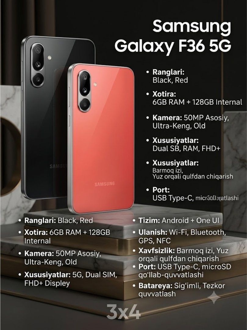 Samsung Galaxy F36 5G 6GB + 128GB (Black, Red) — zamonaviy dizayn, tezkor ishlash va 5G texnologiyasini qo‘llab-quvvatlovchi smartfon  16352