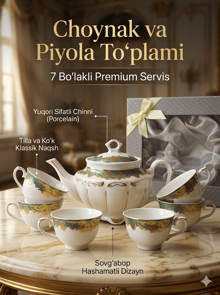Choynak va Piyola To'plami — 7 Bo'lakdan Iborat Klassik Servis Чойнак ва Пиёла Тўплами — 7 Бўлакдан Иборат Классик Сервис (Код: 93) C1Q707D