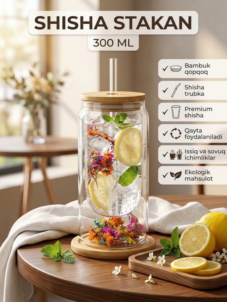 Shisha stakan (banka shaklidagi) — bambuk qopqoq va shisha trubkali, 300 ml  c1q707d   17556